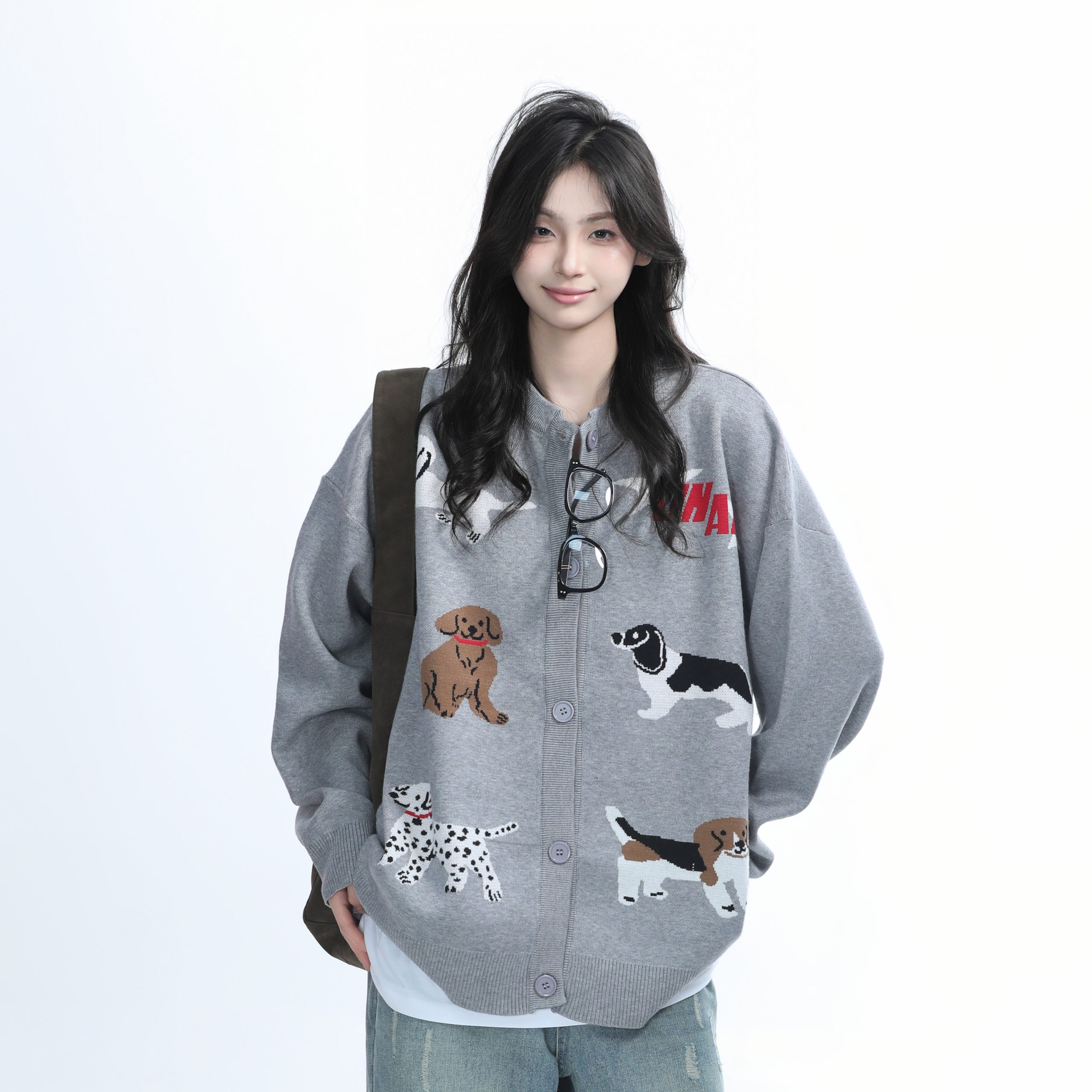 Knitted Cardigan with Retro Cartoon Dog Embroidery for Women - Lazy Style American Vintage Fashion Knitted Cardigan with Retro Cartoon Dog Embroidery for Women - Lazy Style American Vintage Fashion