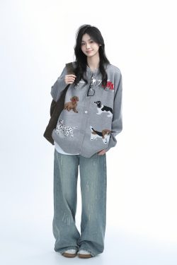 Knitted Cardigan with Retro Cartoon Dog Embroidery for Women - Lazy Style American Vintage Fashion