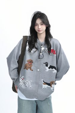 Knitted Cardigan with Retro Cartoon Dog Embroidery for Women - Lazy Style American Vintage Fashion