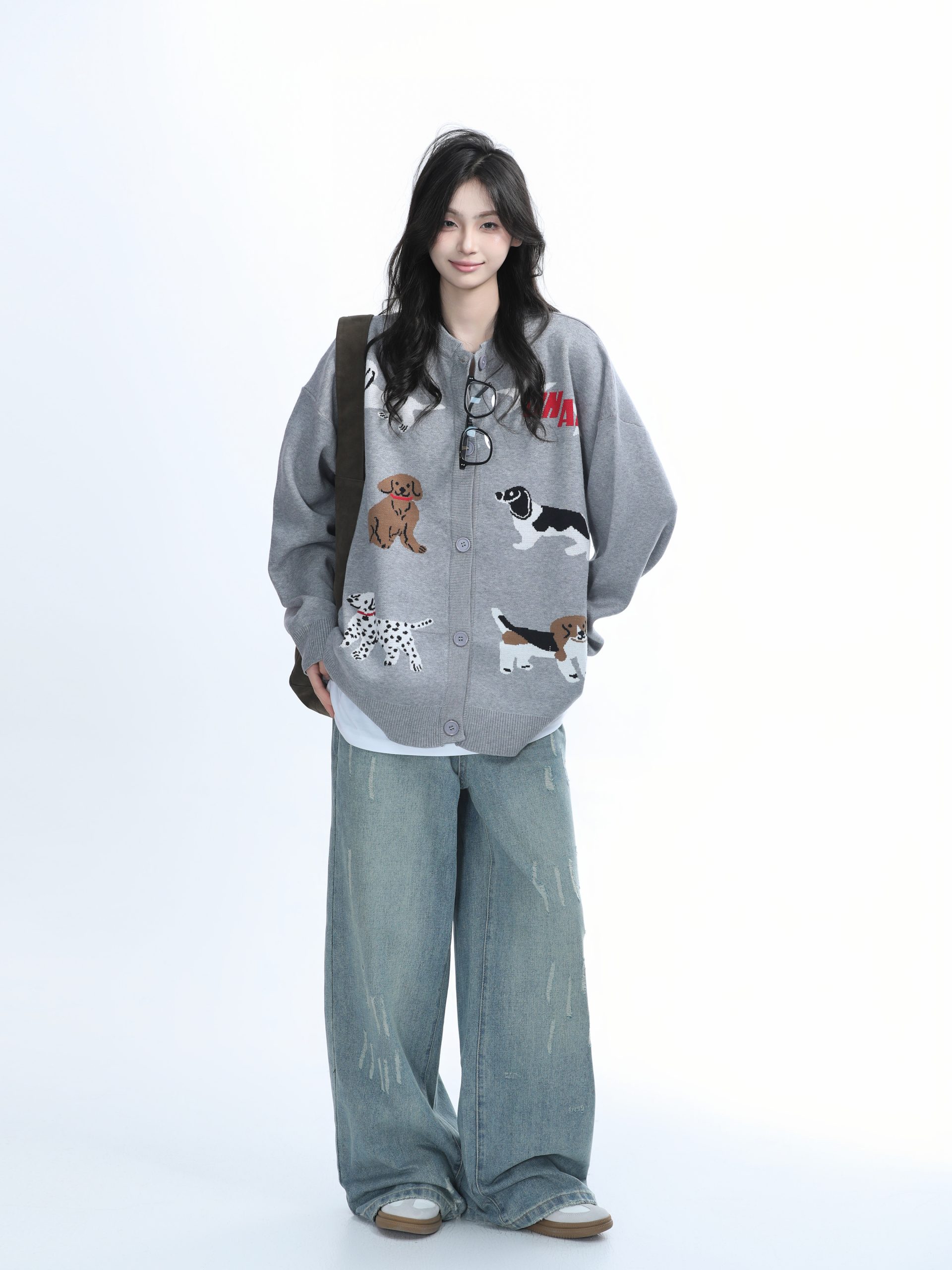 Knitted Cardigan with Retro Cartoon Dog Embroidery for Women - Lazy Style American Vintage Fashion Knitted Cardigan with Retro Cartoon Dog Embroidery for Women - Lazy Style American Vintage Fashion