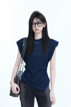 Korean High-End Sleeveless T-Shirt for Women, Slim Fit with Irregular Hem, Trendy Design - Perfect for Casual Chic Looks