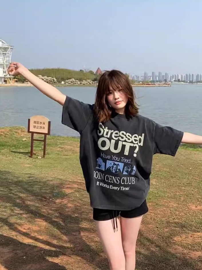 Korean Retro Graphic T-Shirt - Casual Unisex Short Sleeve with American Slogan, Washed Pure Cotton, Versatile 90s Style Korean Retro Graphic T-Shirt - Casual Unisex Short Sleeve with American Slogan, Washed Pure Cotton, Versatile 90s Style