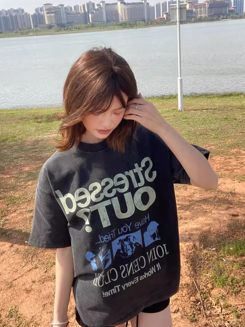 Korean Retro Graphic T-Shirt - Casual Unisex Short Sleeve with American Slogan, Washed Pure Cotton, Versatile 90s Style Korean Retro Graphic T-Shirt - Casual Unisex Short Sleeve with American Slogan, Washed Pure Cotton, Versatile 90s Style