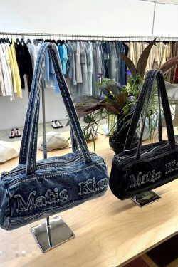 Korean Retro Letter Embroidery Washed Denim Boston Bag - Large Capacity Travel Fitness Shoulder Underarm Bag