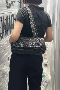 Korean Retro Letter Embroidery Washed Denim Boston Bag - Large Capacity Travel Fitness Shoulder Underarm Bag