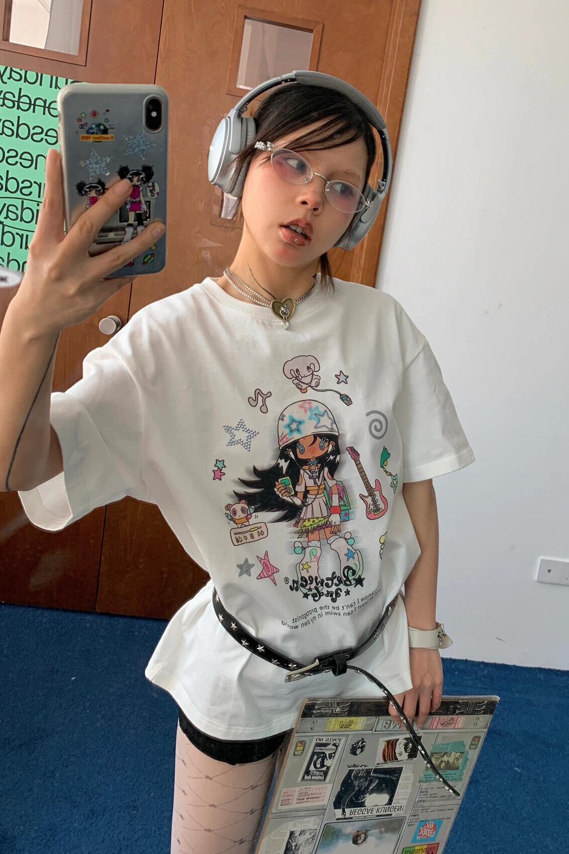 Korean Retro Musician Graphic T-Shirt - Casual Loose Fit, Age-Reducing Design, Pure Cotton Short Sleeve Top