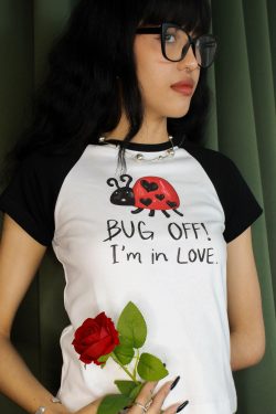 Korean Style Beetle Cartoon Print Color-Blocking Short-Sleeve Slim-Fit High-Stretch Cotton T-Shirt for Trendy Casual Wear