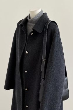 Korean Style Black Double-Sided Cashmere Coat for Women, Chic Woolen Outerwear for Autumn Winter 2024, Perfect for Petite Sizes