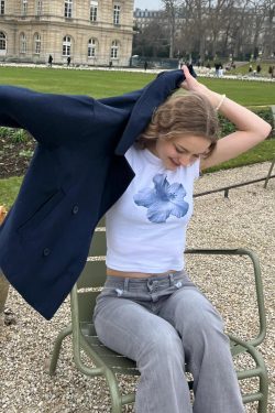 Korean Style Blue Floral Short-Sleeve Fitted Cotton T-Shirt - High-Stretch Sweet Girl Top for Women