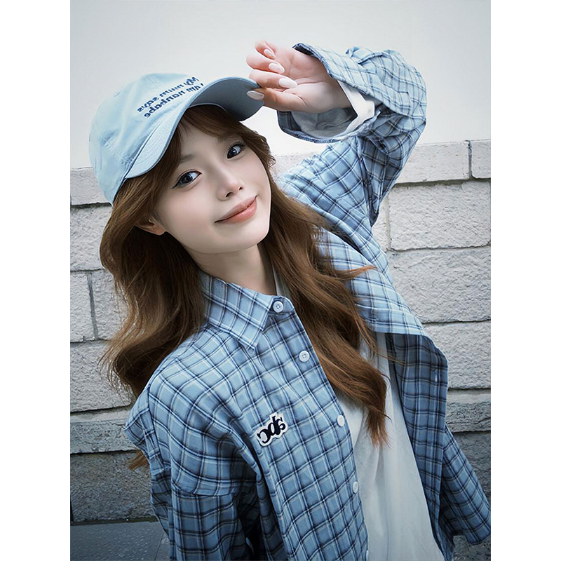 Korean-Style Blue Plaid Shirt Jacket for Women - Loose Casual Long Sleeve Top for Summer Fashion Korean-Style Blue Plaid Shirt Jacket for Women - Loose Casual Long Sleeve Top for Summer Fashion