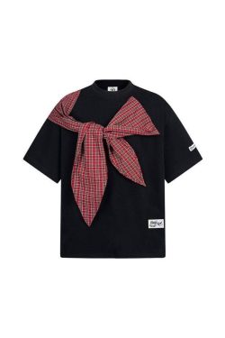 Korean Style Bow Tie Patterned Short Sleeve T-Shirt for Women - Summer 2025 College Fashion Trend