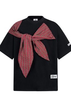 Korean Style Bow Tie Patterned Short Sleeve T-Shirt for Women - Summer 2025 College Fashion Trend