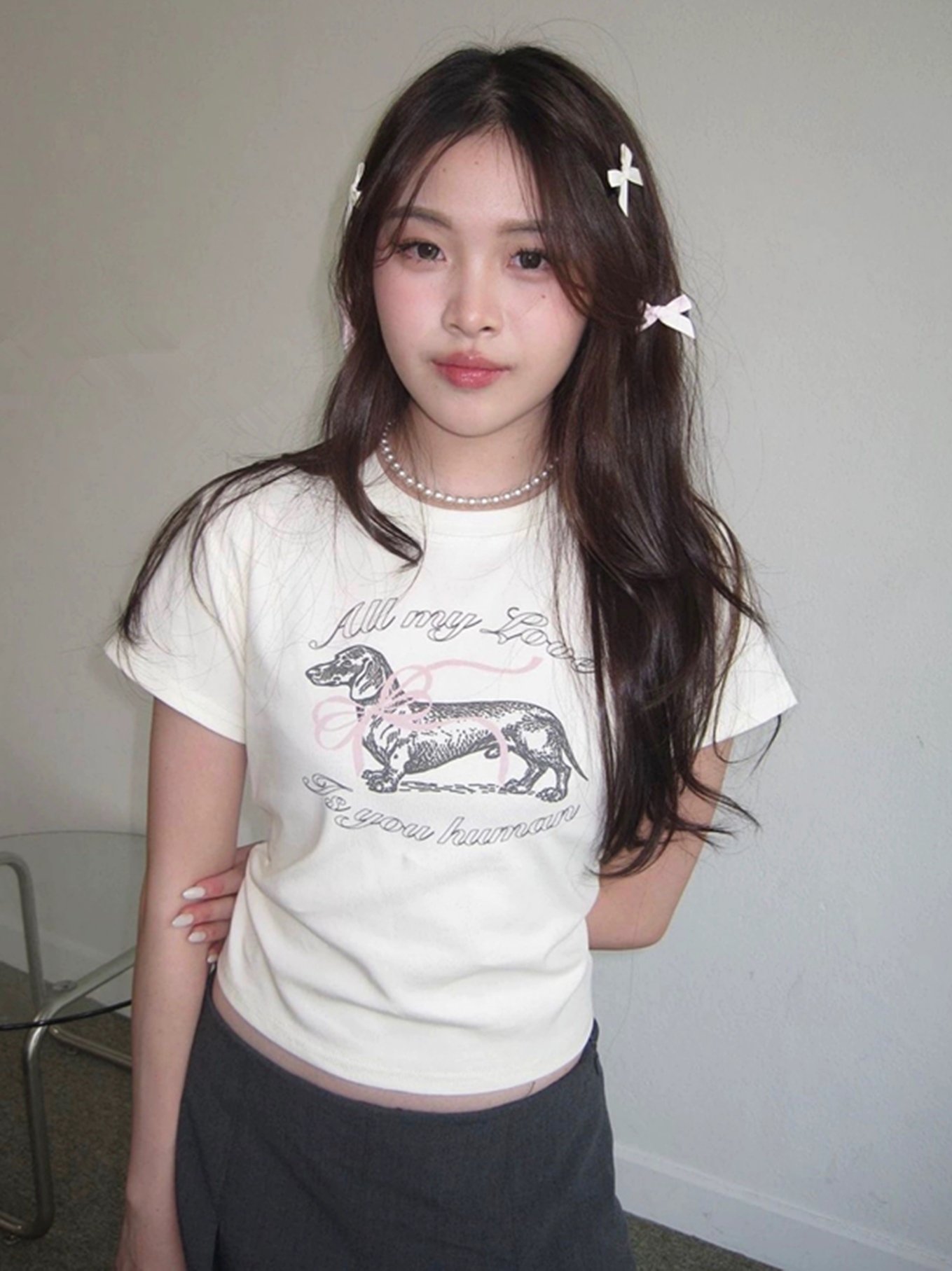 Korean Style Bow Tie Sausage Dog Print Slim Fit Short Sleeve T-Shirt for a Youthful Look Korean Style Bow Tie Sausage Dog Print Slim Fit Short Sleeve T-Shirt for a Youthful Look