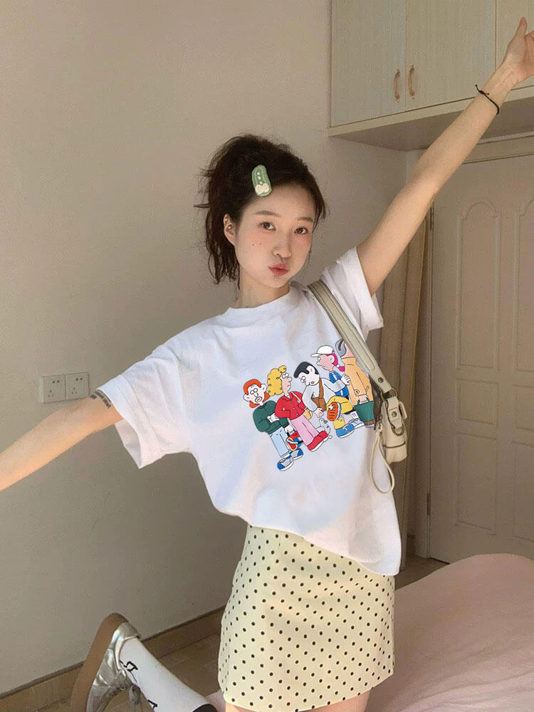 Korean Style Cartoon Character Printed Casual Loose Cotton T-Shirt for Women - Comfortable Round Neck Short Sleeve Top Korean Style Cartoon Character Printed Casual Loose Cotton T-Shirt for Women - Comfortable Round Neck Short Sleeve Top