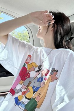 Korean Style Cartoon Character Printed Casual Loose Cotton T-Shirt for Women - Comfortable Round Neck Short Sleeve Top