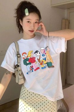 Korean Style Cartoon Character Printed Casual Loose Cotton T-Shirt for Women - Comfortable Round Neck Short Sleeve Top