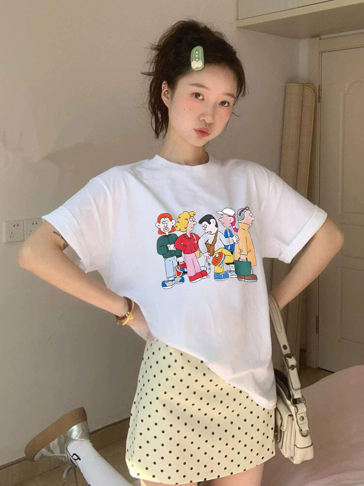 Korean Style Cartoon Character Printed Casual Loose Cotton T-Shirt for Women - Comfortable Round Neck Short Sleeve Top Korean Style Cartoon Character Printed Casual Loose Cotton T-Shirt for Women - Comfortable Round Neck Short Sleeve Top