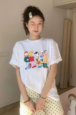Korean Style Cartoon Character Printed Casual Loose Cotton T-Shirt for Women - Comfortable Round Neck Short Sleeve Top