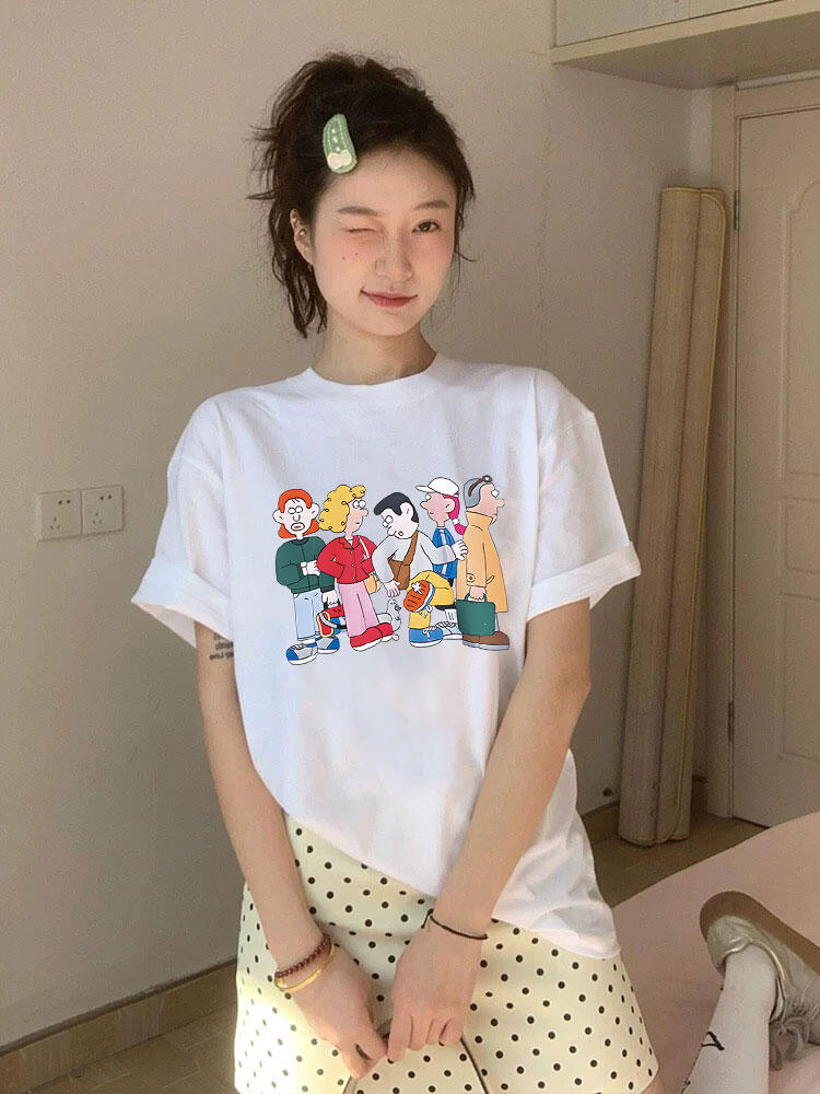 Korean Style Cartoon Character Printed Casual Loose Cotton T-Shirt for Women - Comfortable Round Neck Short Sleeve Top Korean Style Cartoon Character Printed Casual Loose Cotton T-Shirt for Women - Comfortable Round Neck Short Sleeve Top