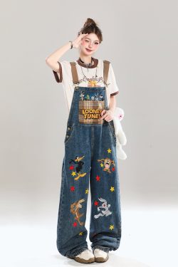Korean-Style Cartoon Embroidered Denim Overalls for Women - Summer Wide-Leg Age-Reducing Casual Long Pants