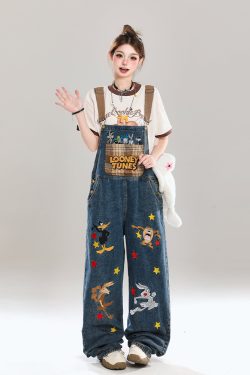 Korean-Style Cartoon Embroidered Denim Overalls for Women - Summer Wide-Leg Age-Reducing Casual Long Pants