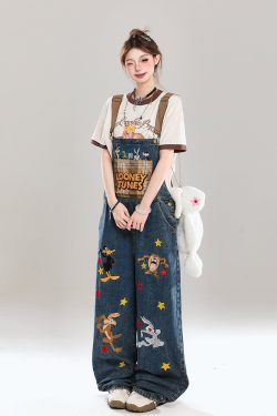 Korean-Style Cartoon Embroidered Denim Overalls for Women - Summer Wide-Leg Age-Reducing Casual Long Pants