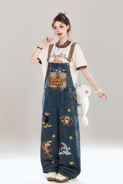 Korean-Style Cartoon Embroidered Denim Overalls for Women - Summer Wide-Leg Age-Reducing Casual Long Pants