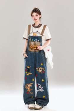 Korean-Style Cartoon Embroidered Denim Overalls for Women - Summer Wide-Leg Age-Reducing Casual Long Pants