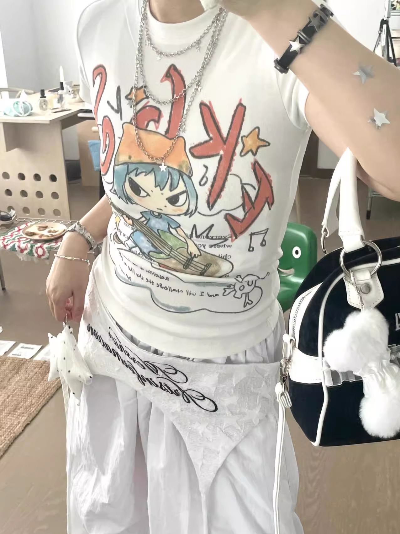 Korean Style Cartoon Print Comic Musician Slim-Fit Short-Sleeved High-Stretch Pure Cotton T-Shirt for Trendy Fashion Lovers Korean Style Cartoon Print Comic Musician Slim-Fit Short-Sleeved High-Stretch Pure Cotton T-Shirt for Trendy Fashion Lovers