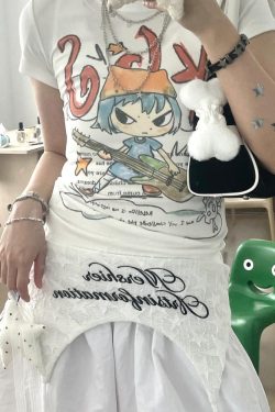 Korean Style Cartoon Print Comic Musician Slim-Fit Short-Sleeved High-Stretch Pure Cotton T-Shirt for Trendy Fashion Lovers