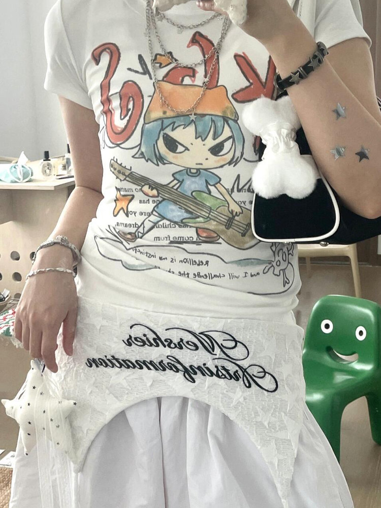 Korean Style Cartoon Print Comic Musician Slim-Fit Short-Sleeved High-Stretch Pure Cotton T-Shirt for Trendy Fashion Lovers Korean Style Cartoon Print Comic Musician Slim-Fit Short-Sleeved High-Stretch Pure Cotton T-Shirt for Trendy Fashion Lovers