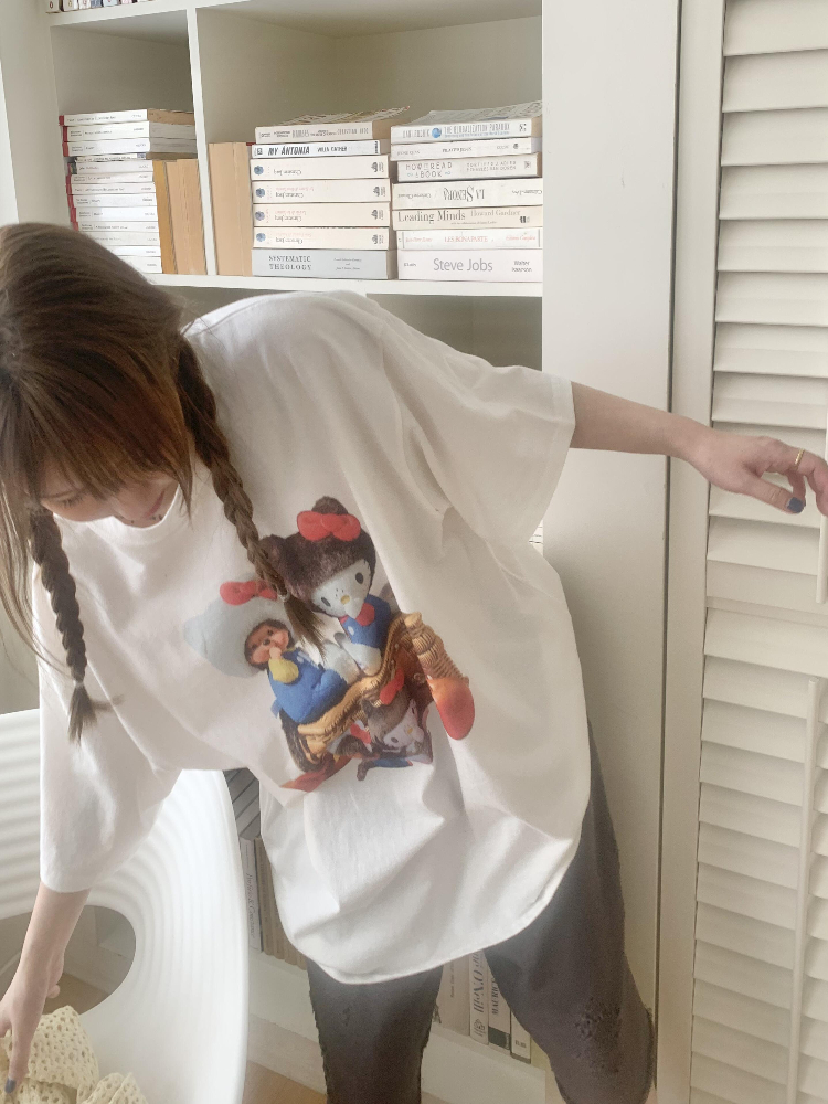 Korean Style Casual Kitty Princess Cartoon Print Loose Cotton Short Sleeve T-Shirt - Versatile Comfort Top Korean Style Casual Kitty Princess Cartoon Print Loose Cotton Short Sleeve T-Shirt - Versatile Comfort Top