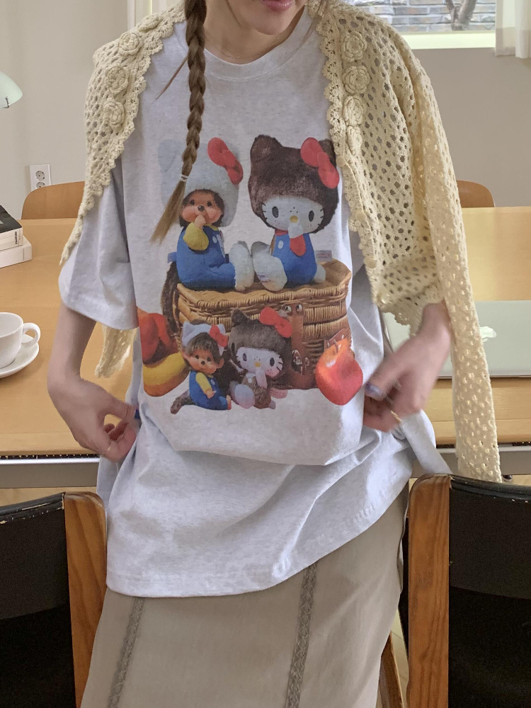 Korean Style Casual Kitty Princess Cartoon Print Loose Cotton Short Sleeve T-Shirt - Versatile Comfort Top Korean Style Casual Kitty Princess Cartoon Print Loose Cotton Short Sleeve T-Shirt - Versatile Comfort Top