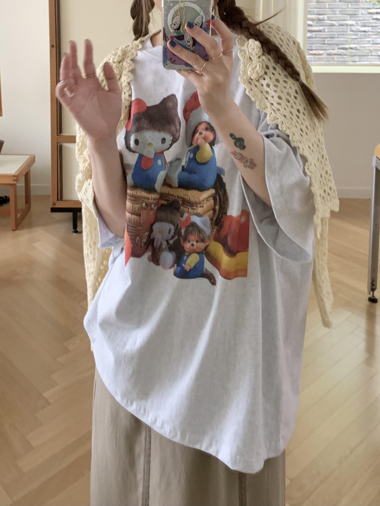 Korean Style Casual Kitty Princess Cartoon Print Loose Cotton Short Sleeve T-Shirt - Versatile Comfort Top Korean Style Casual Kitty Princess Cartoon Print Loose Cotton Short Sleeve T-Shirt - Versatile Comfort Top