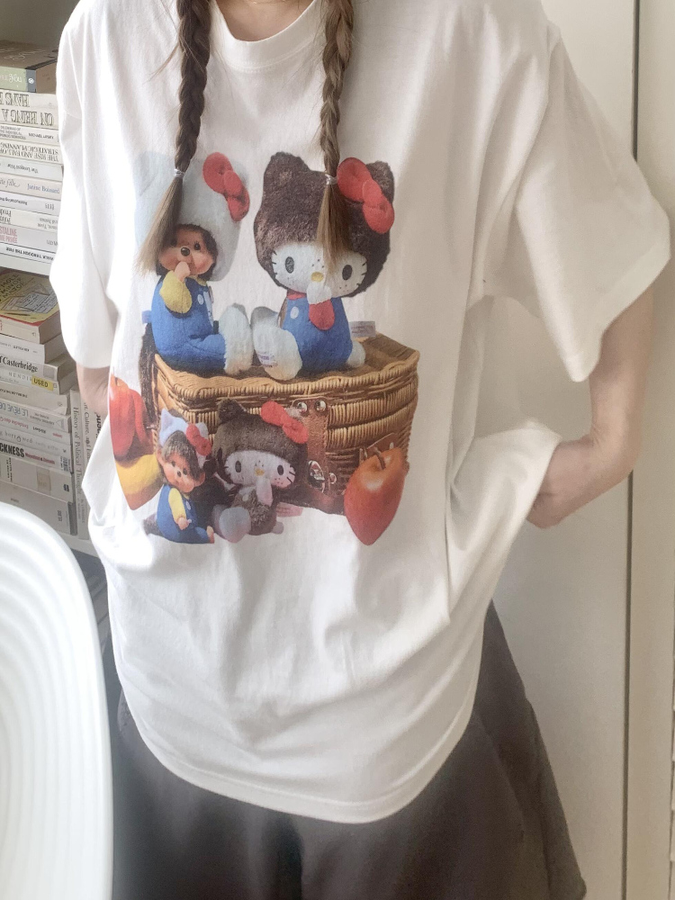 Korean Style Casual Kitty Princess Cartoon Print Loose Cotton Short Sleeve T-Shirt - Versatile Comfort Top Korean Style Casual Kitty Princess Cartoon Print Loose Cotton Short Sleeve T-Shirt - Versatile Comfort Top