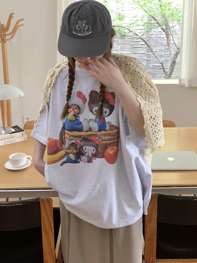 Korean Style Casual Kitty Princess Cartoon Print Loose Cotton Short Sleeve T-Shirt - Versatile Comfort Top Korean Style Casual Kitty Princess Cartoon Print Loose Cotton Short Sleeve T-Shirt - Versatile Comfort Top