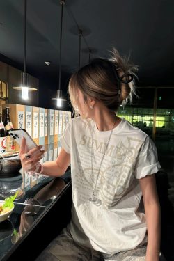 Korean Style Casual Letter Slogan Printed Loose Cotton Round Neck Short Sleeve T-Shirt for Women