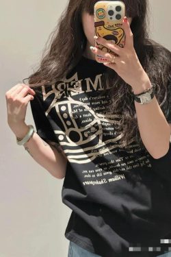 Korean Style Casual Letter Slogan Printed Loose Cotton Round Neck Short Sleeve T-Shirt for Women