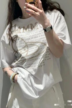 Korean Style Casual Letter Slogan Printed Loose Cotton Round Neck Short Sleeve T-Shirt for Women