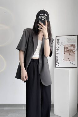 Korean-Style Casual Slimming Gray Oversized Short-Sleeve Blazer for Women - Spring/Summer 2025 Fashion Essential
