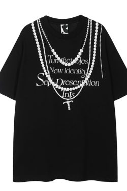 Korean Style Casual Unisex T-Shirt with Slogan Print and Pearl Necklace Design, Loose Fit Pure Cotton for Comfortable Everyday Wear