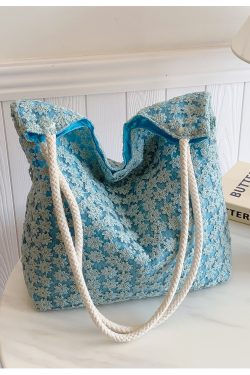 Korean-Style Chic Crochet Mesh Bag for Women, Handmade Woven Hollow Shoulder Tote, Large Summer Beach Bag