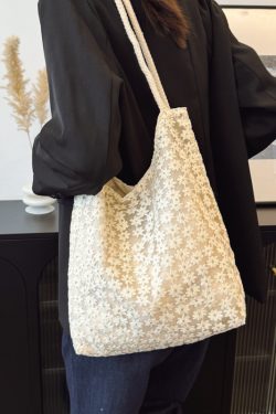 Korean-Style Chic Crochet Mesh Bag for Women, Handmade Woven Hollow Shoulder Tote, Large Summer Beach Bag