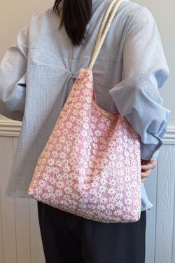 Korean-Style Chic Crochet Mesh Bag for Women, Handmade Woven Hollow Shoulder Tote, Large Summer Beach Bag