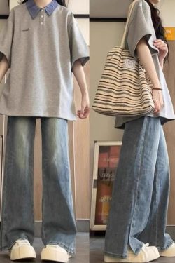 Korean-Style Color-Blocked Patchwork Plaid Polo T-Shirt for Girls - Short Sleeve Summer Top for Middle and High School Students - Gray