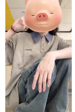 Korean-Style Color-Blocked Patchwork Plaid Polo T-Shirt for Girls - Short Sleeve Summer Top for Middle and High School Students - Gray