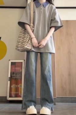 Korean-Style Color-Blocked Patchwork Plaid Polo T-Shirt for Girls - Short Sleeve Summer Top for Middle and High School Students - Gray