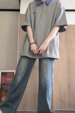 Korean-Style Color-Blocked Patchwork Plaid Polo T-Shirt for Girls - Short Sleeve Summer Top for Middle and High School Students - Gray