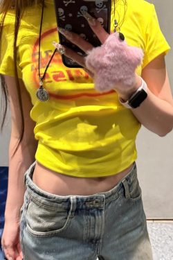 Korean Style Color-Blocking Letter Print Fitted Short-Sleeve Cotton T-Shirt for Women - High-Stretch Slim Fit 25SS