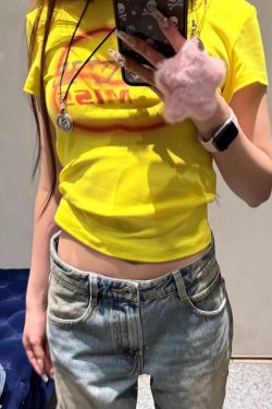 Korean Style Color-Blocking Letter Print Fitted Short-Sleeve Cotton T-Shirt for Women - High-Stretch Slim Fit 25SS